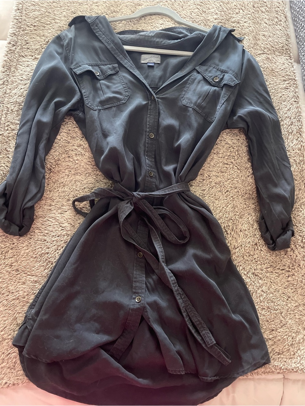 Black Button-Front Shirt Dress with Waist Tie